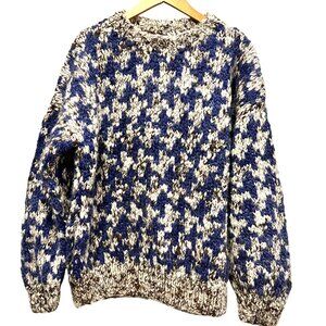 Chunky Hand Knit Herringbone Patterned Sweater, 100% Wool, Blue Brown Cream, XL